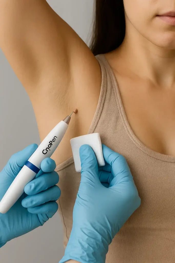 woman having cryopen to remove underarm skin tags Cheshunt
