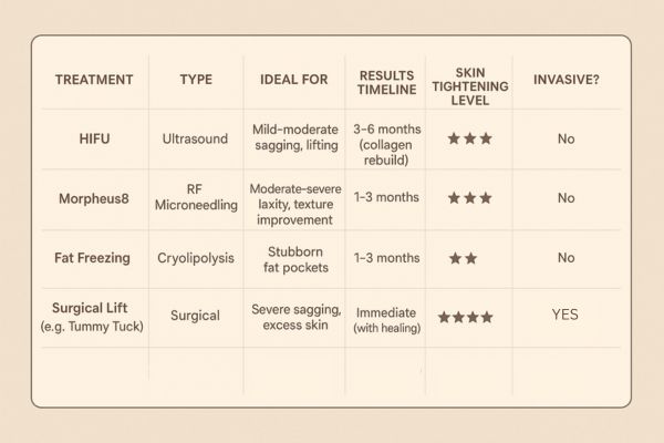 Table showing the comparisons of Skin tightening Cheshunt treatment options.